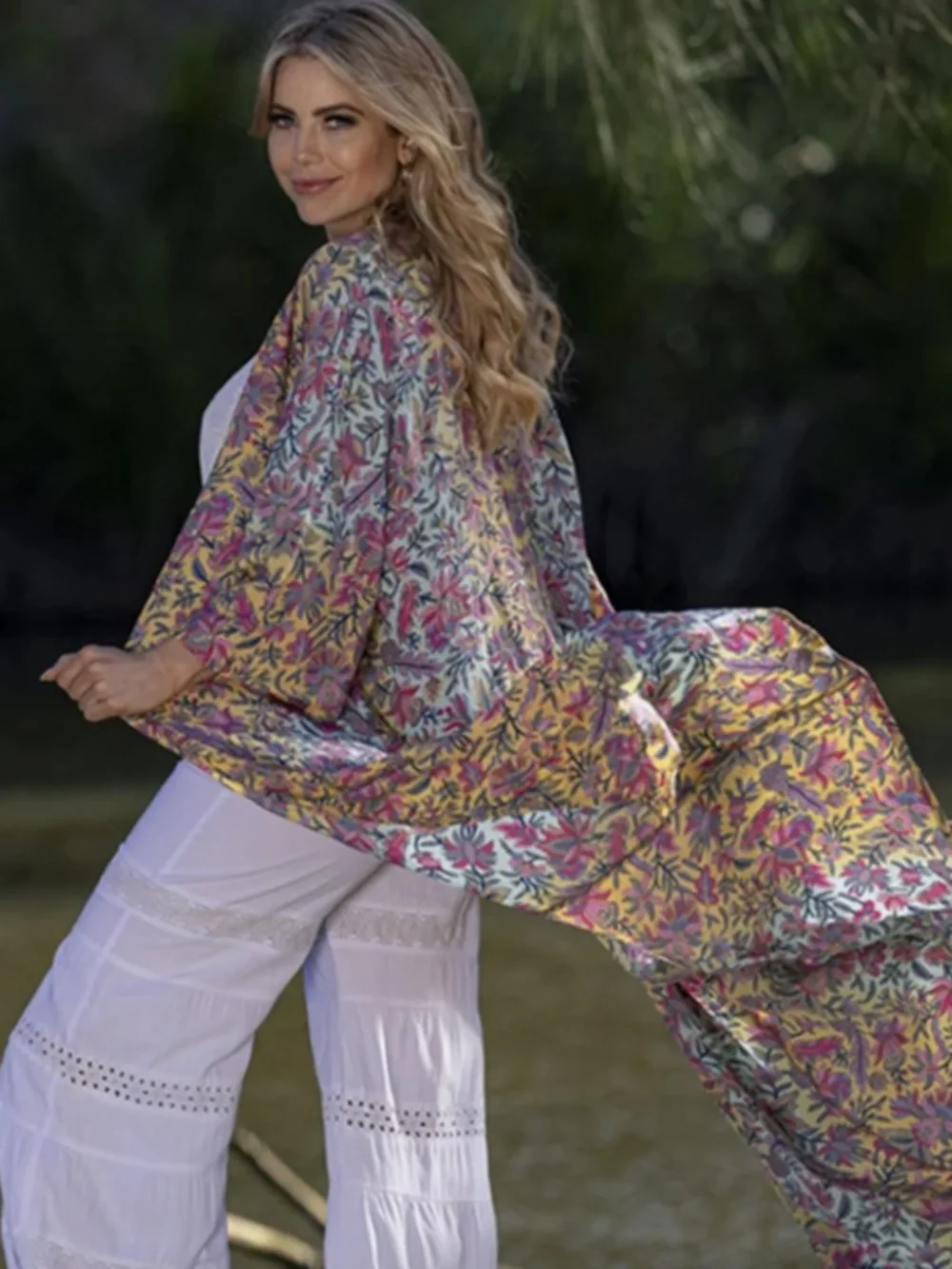 Cienna Design Silk Blend Kimono Caitlyn Duster Beach Cover-Up Gold Leaf
